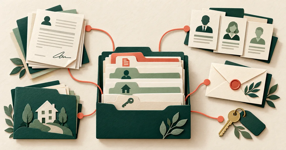Estate document folder, sealed envelope, key, and botanical family branches for the prepare an executor information checklist guide